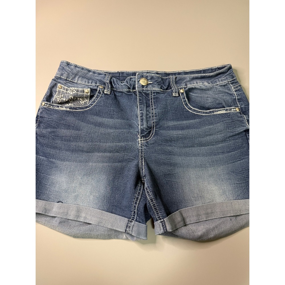 Love Indigo Premium Women Blue Denim Shorts Embroidered Studded Cuffed Size 14
